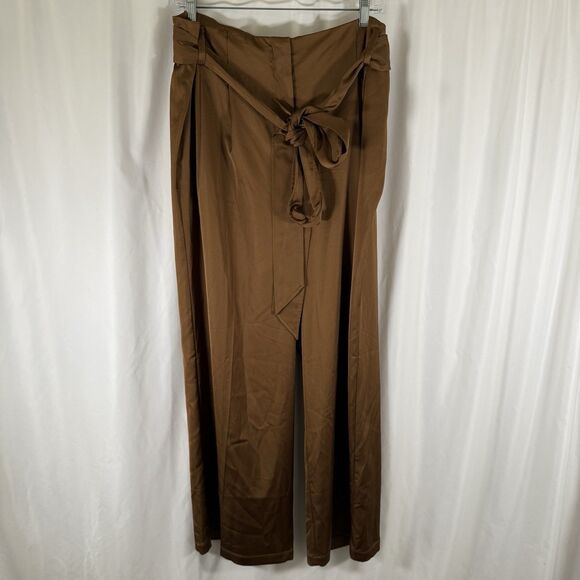 Universal Standard Pants Women's Medium Petite Satin Brown Wide Leg Tie Waist - Picture 1 of 11